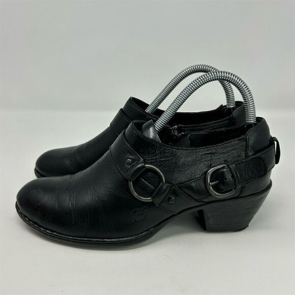 Born Women's Black Leather Western Ankle Booties Size 7.5 Harness Strap Zip - Picture 6 of 14